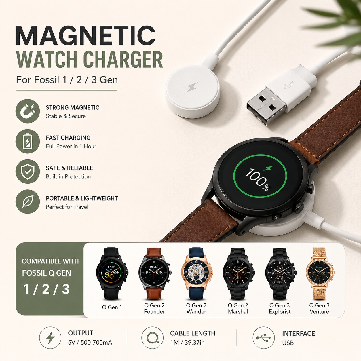 Fossil Smartwatch Accessories - Adaptador de cargador de reloj USB,